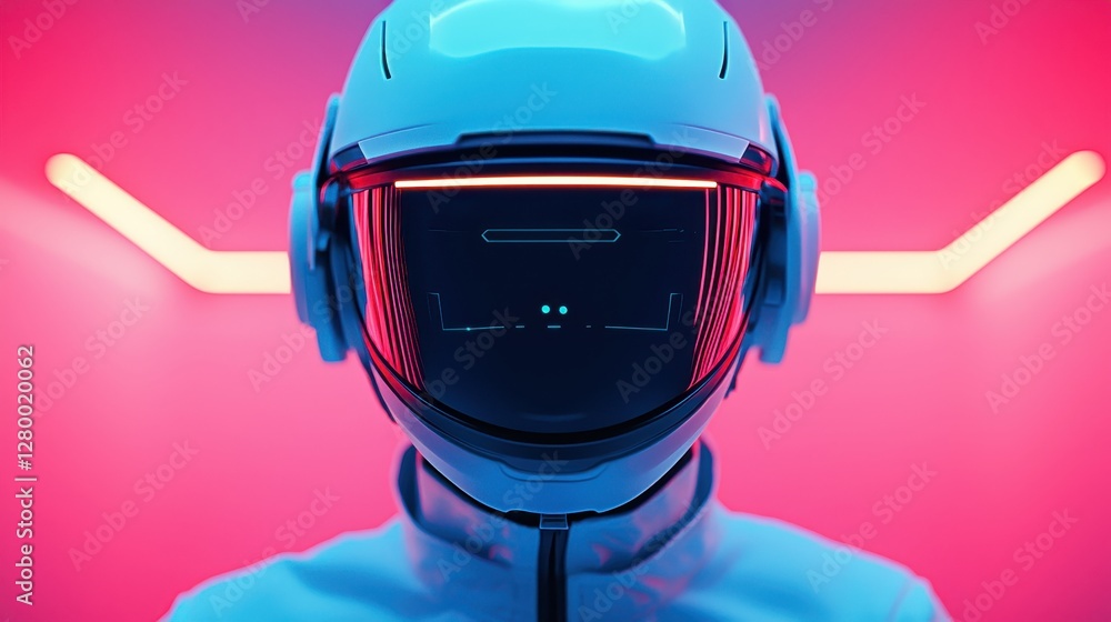 Poster smart helmet technology smart features concept. a futuristic helmeted figure against a vibrant neon 