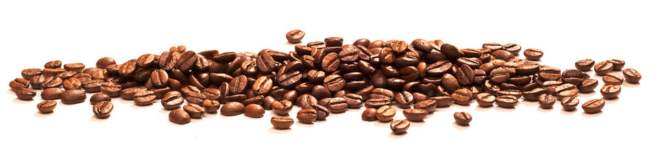 Group of roasted coffee beans on white background.