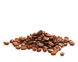 Group of roasted coffee beans on white background.