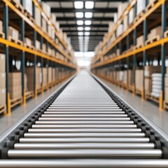 Wide view of a modern warehouse with a conveyor belt, displaying an organized storage system for efficient logistics and processing.