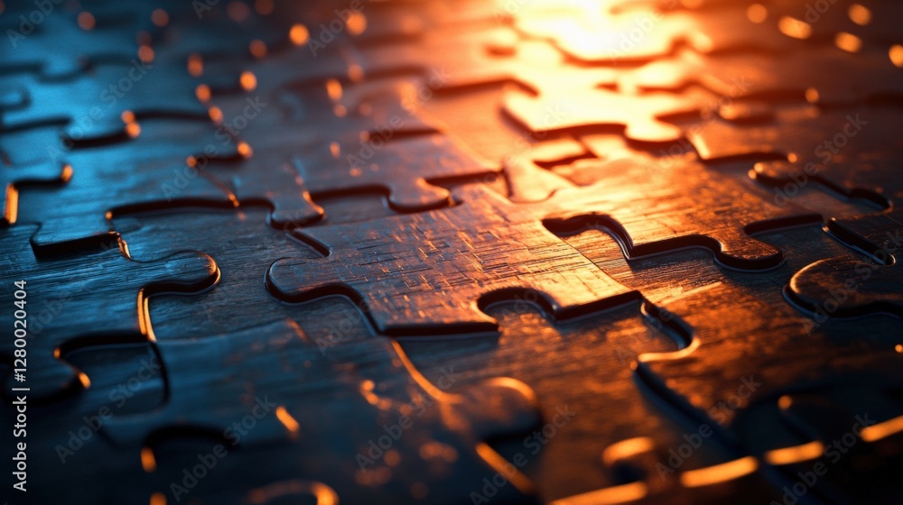 Poster close-up of interlocking puzzle pieces illuminated by warm light, creating a serene atmosphere