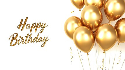  A bunch of golden balloons on a white background with "Happy Birthday" text.