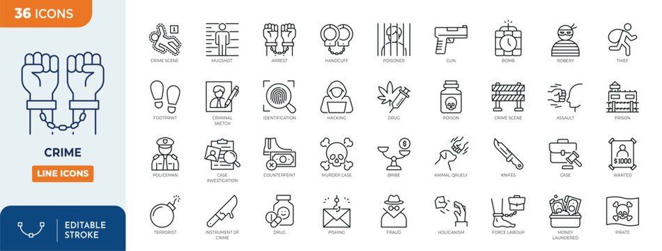 Crime icon set. Containing icons related to crime, criminal, illegal, and more. Outline Icon Collection. Vector illustration. Editable stroke