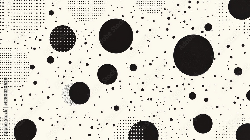 Poster black and white abstract pattern with circles and dots on background