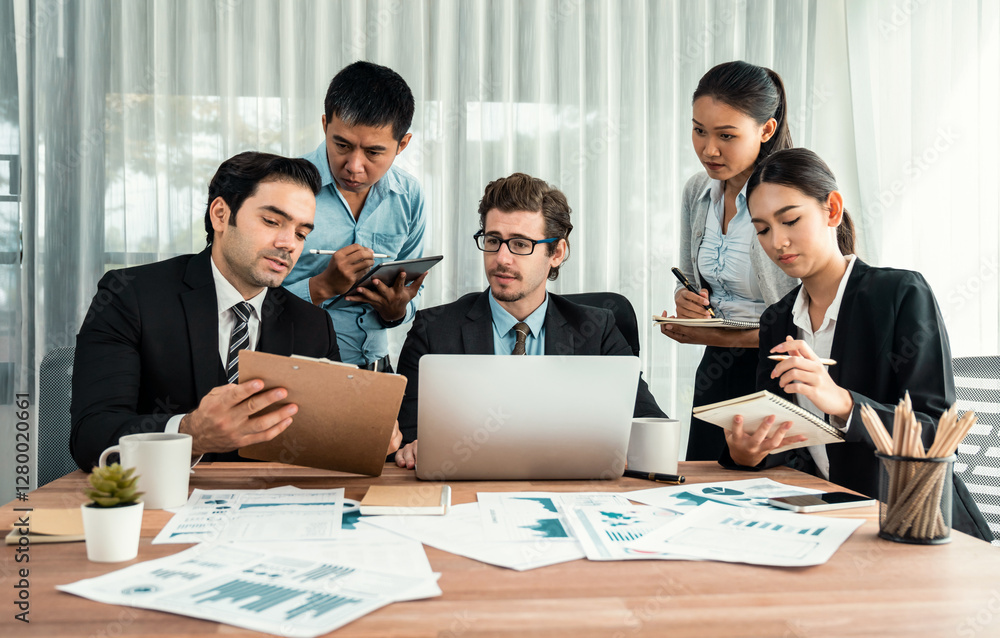 Poster diverse group of business analyst team analyzing financial data report paper on office table. chart 