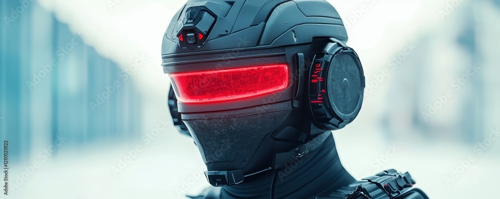 Poster smart helmet technology smart features concept. a futuristic robot with a sleek design and glowing r