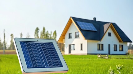 Solar Panel in Garden with Modern House and Clear Blue Sky