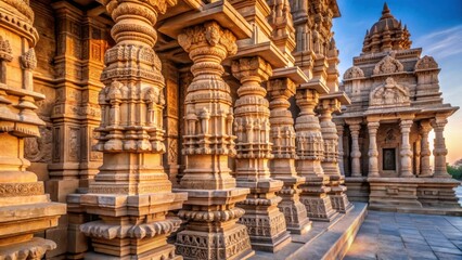 Intricate Stone Carvings on Temple Architecture at Sunrise