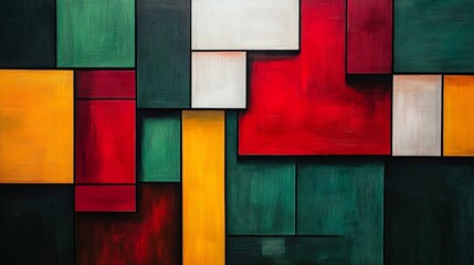 Abstract geometric art with red, green, and yellow rectangles.
