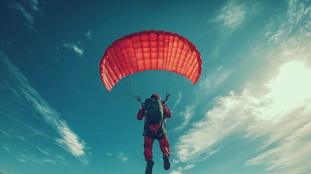 Skydiver descending with a vibrant red parachute