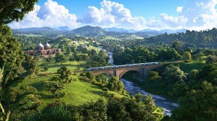 Fototapeta premium Scenic View of Train Crossing Bridge in Lush Green Valley Landscape