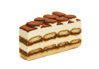 A slice of creamy tiramisu cake with layers of mascarpone and coffee-soaked sponge, dusted with cocoa powder, isolated on a white background