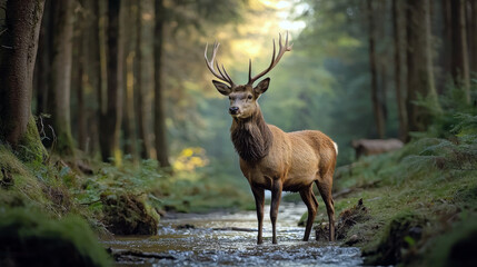 Majestic stag standing in serene forest stream, surrounded by lush greenery and soft sunlight filtering through trees