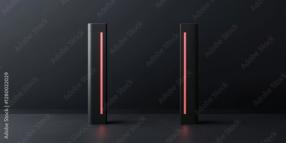 Poster border security inspection concepts. two sleek black devices with glowing red lines on a dark surfac