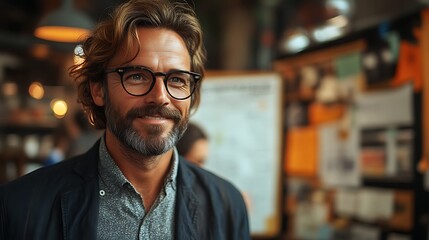 Confident Man in Cafe, Posing, Busy Background