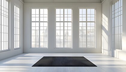 Bright modern minimalist interior with large windows and dark rug