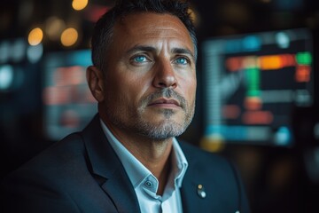 Fototapeta premium Confident Businessman Contemplating Stock Market Data on Monitors