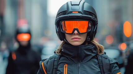 Smart Helmet technology smart features concept. A futuristic, urban scene featuring a woman in a sleek helmet and goggles, surrounded by figures, conveying a sense of adventure and technology.