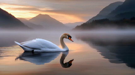 Fototapeta premium swan gliding gracefully across misty lake at sunrise, surrounded by soft golden hues and mountains