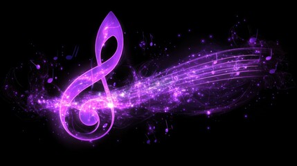 Magical Purple Treble Clef with Musical Notes in Cosmic Background