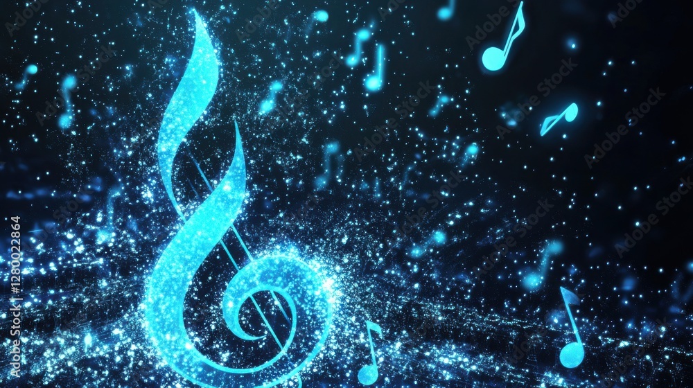 Poster sparkling treble clef surrounded by floating musical notes and light