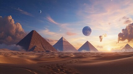 Majestic Pyramids Under a Breathtaking Cosmic Sky at Sunset