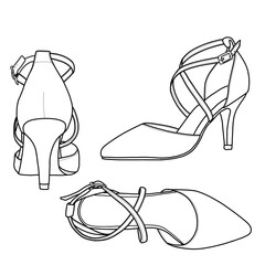 Technical sketch drawing of ankle strap for women, closed-toe pointed high heels with buckle line art. Side, top, and back view. Flat sketch vector. Isolated on a white background