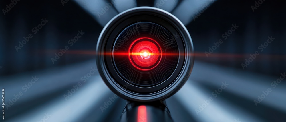 Poster border security inspection concepts. focus on a camera lens with a bright red light in the center.