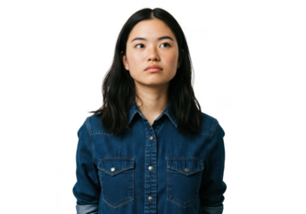 A young woman in a denim shirt looking up thoughtfully with her arms behind her back, isolated on a white background