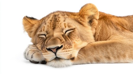 Sleeping Lioness Close Up On White Background