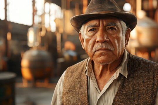 Portrait of a weathered, pensive senior Hispanic man in a workshop