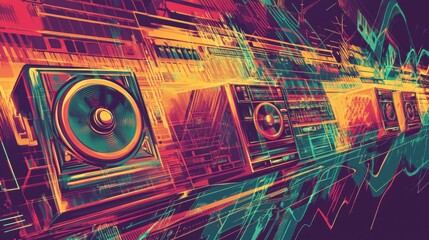 Vibrant Abstract Artwork of Colorful Sound System and Audio Elements