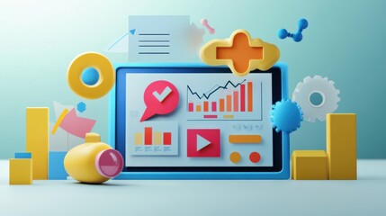 Fototapeta premium Colorful digital interface displaying graphs and charts with playful shapes and icons