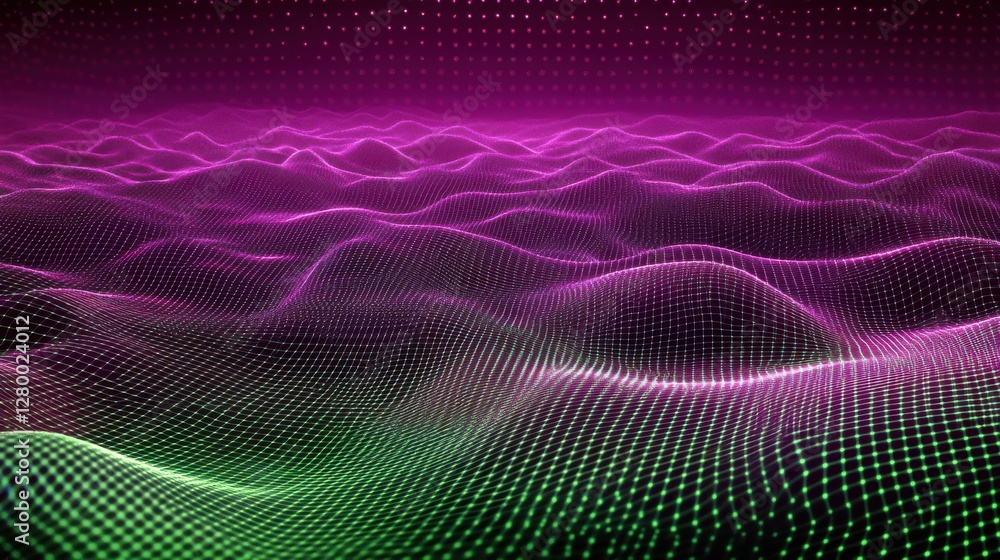 Poster colorful abstract waves with grid pattern in neon style