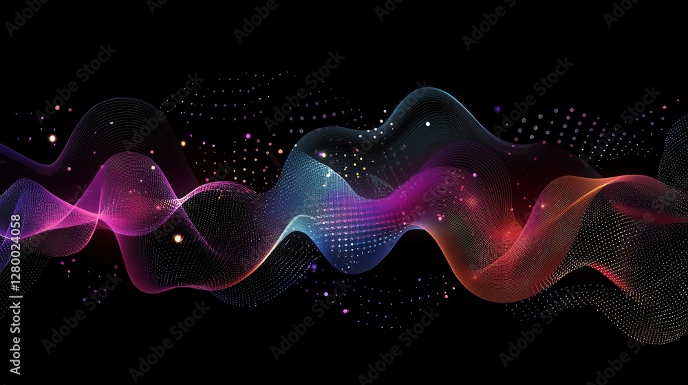 Aufkleber colorful abstract wave patterns with glowing particles on black background
