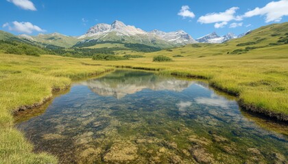 Clear Pond Reflecting Distant Mountains Under Blue Sky in Verdant Landscape