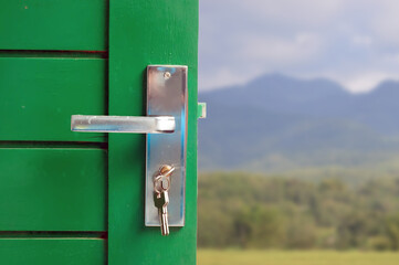wooden door with handle and lock