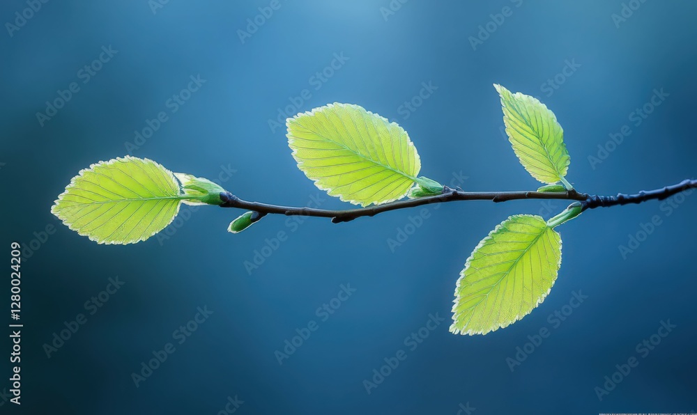Poster close up of green leaves on a twig with a soft blue background for springtime