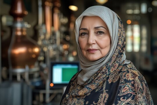 Confident Mature Woman in Headscarf at Distillery