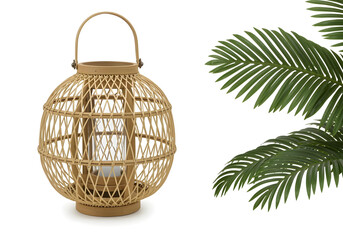 Fototapeta premium A bamboo and rattan woven lantern, eco-friendly lighting, tropical boho aesthetic, isolated on white background