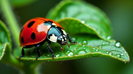 Obraz premium A ladybug, vibrant red with black spots, delicately rests on a dew-kissed green leaf. Nature's beauty!