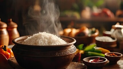 Fototapeta premium Steam Rising from Freshly Cooked Rice in Rustic Kitchen Setting