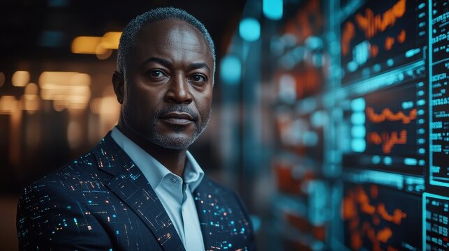 Confident African American Businessman in Front of Data Center Screens