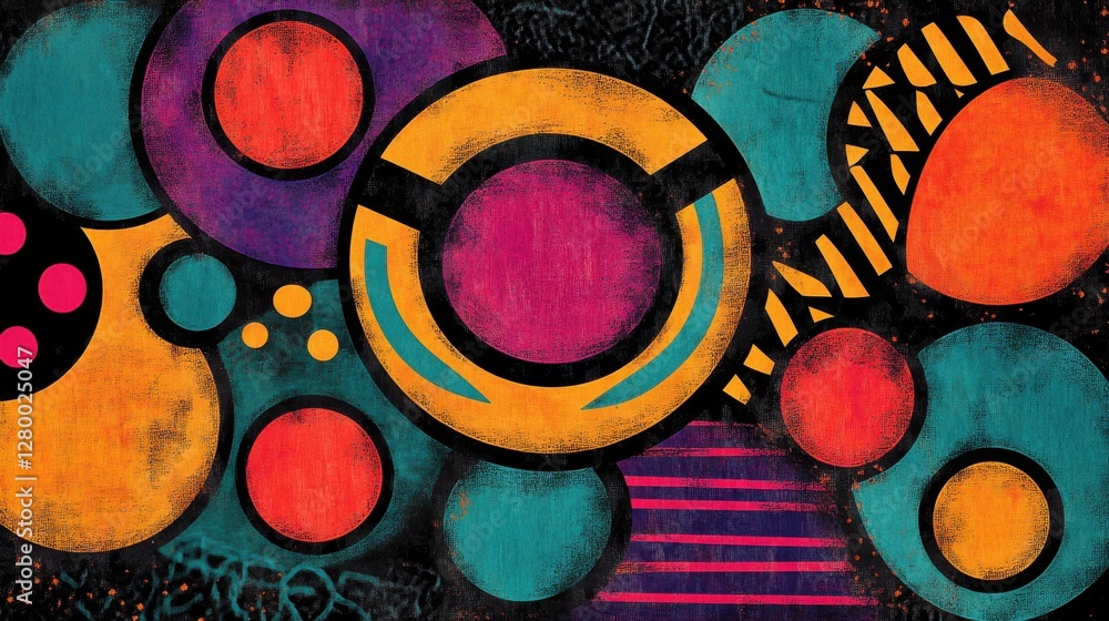 Poster abstract colorful shapes with textures and patterns on dark background