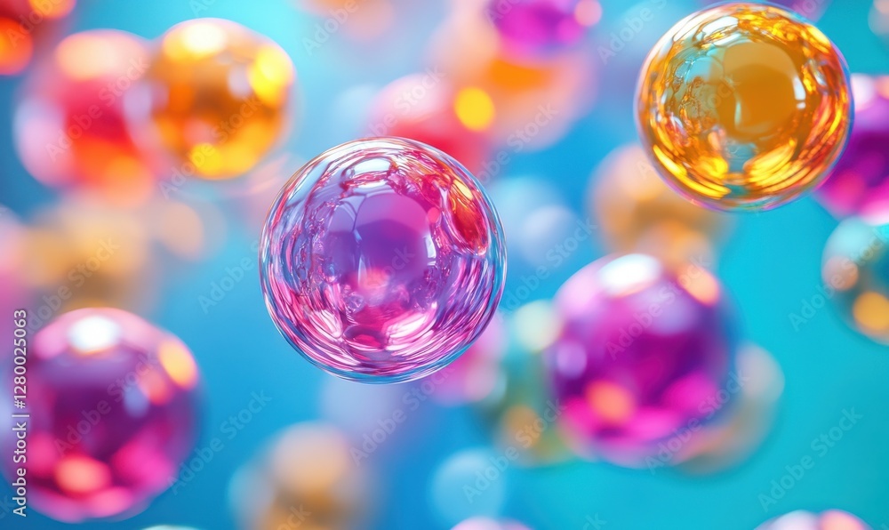 Poster colorful soap bubbles floating in a serene blue background, creating a dreamy and whimsical atmosphe