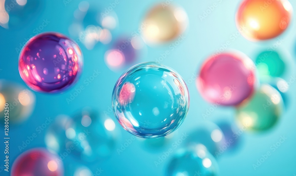 Poster colorful soap bubbles floating in air over gentle blue background with soft focus effect enhancing t