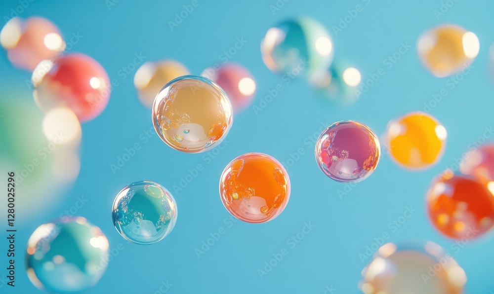 Poster colorful soap bubbles floating in the air with soft blue background and bright light reflections cre