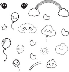 Set of cute hand drawn doodle clouds, rainbows, stars, sun, clouds, hearts. Vector illustration