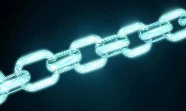 Businessman and artistic shiny 3d blockchain chain hologram background