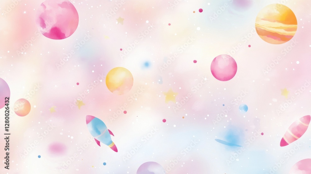 Poster colorful space background with planets and rockets in a dreamy style
